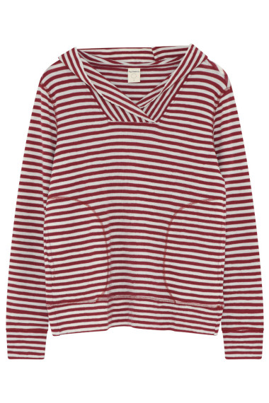 Merino uld bluse med hætte og lommer fra By Basics i røde og hvide striber