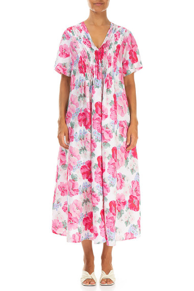 Hør kjole med bisser i pink flora print fra Grizas