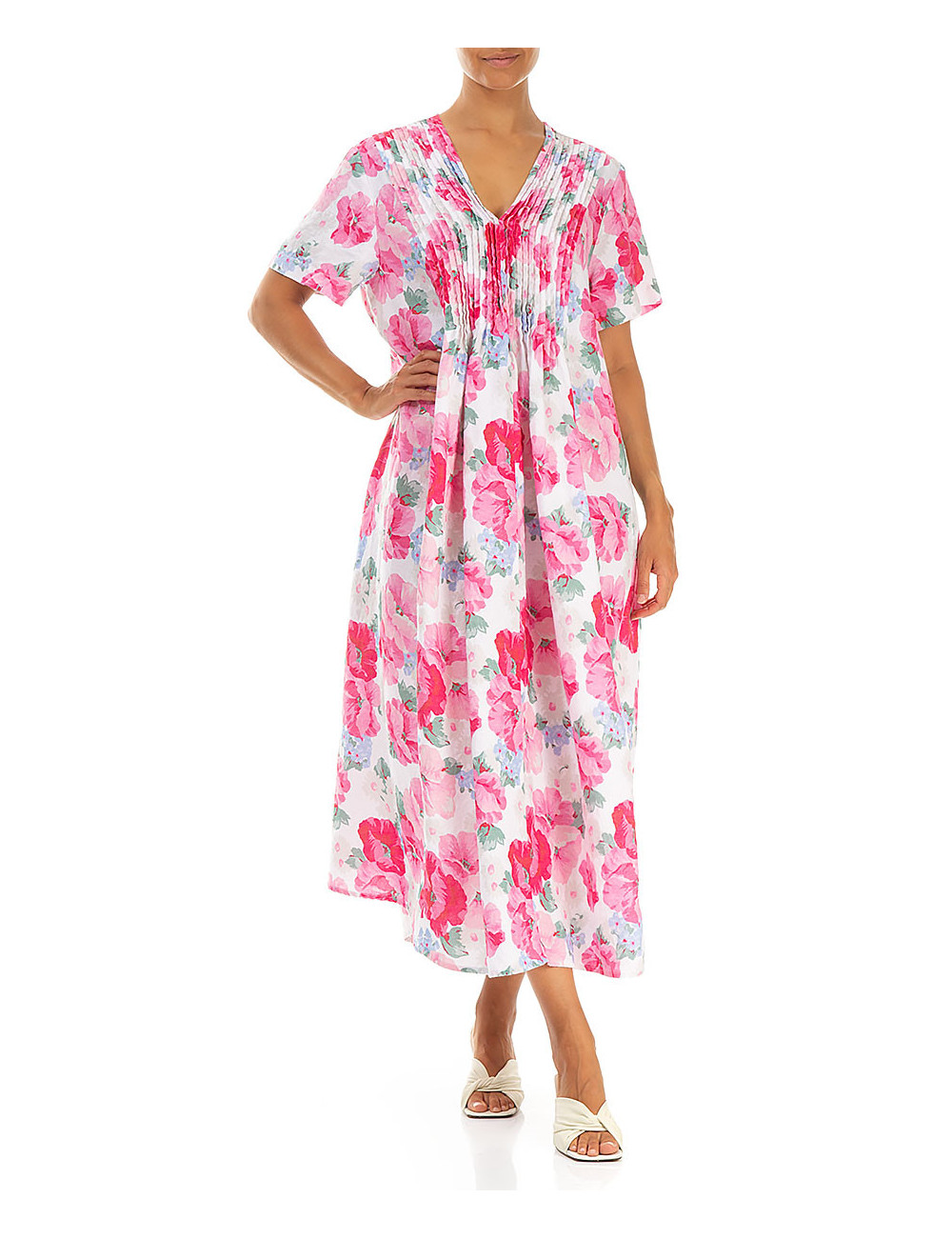 Hør kjole med bisser i pink flora print