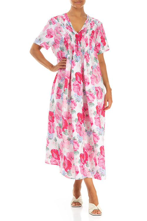 Hør kjole med bisser i pink flora print