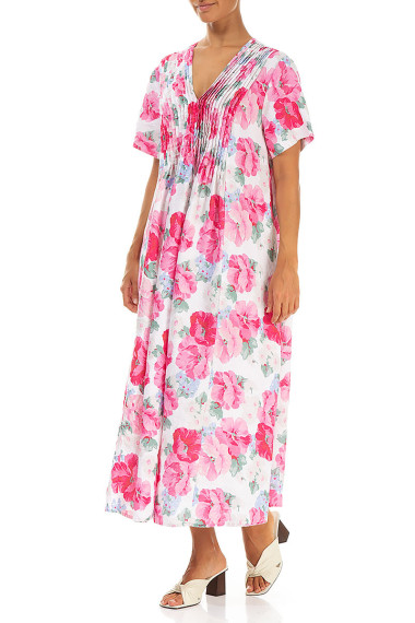 Hør kjole med bisser i pink flora print fra Grizas