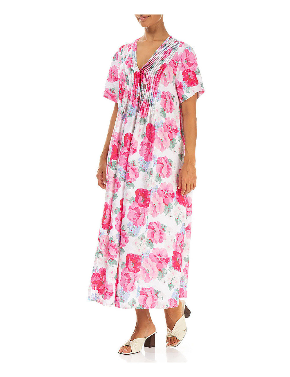 Hør kjole med bisser i pink flora print