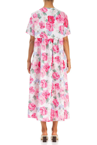 Hør kjole med bisser i pink flora print fra Grizas