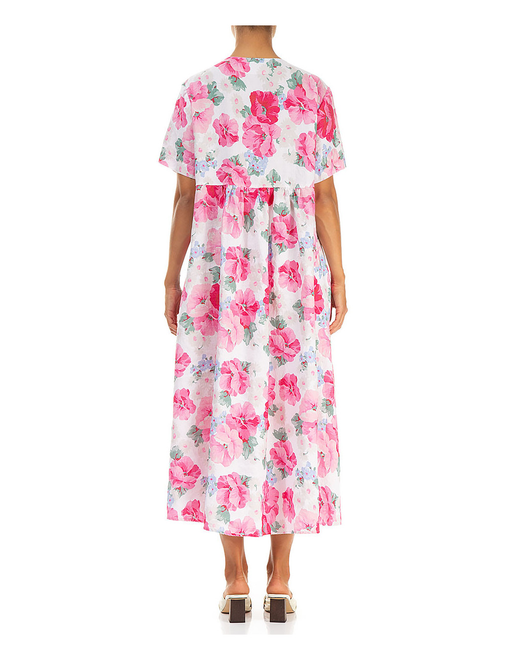 Hør kjole med bisser i pink flora print
