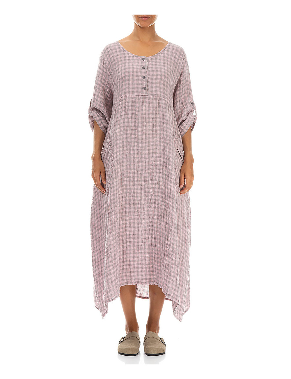 Lang og elegant ternet kjole i 100% hør - rosa