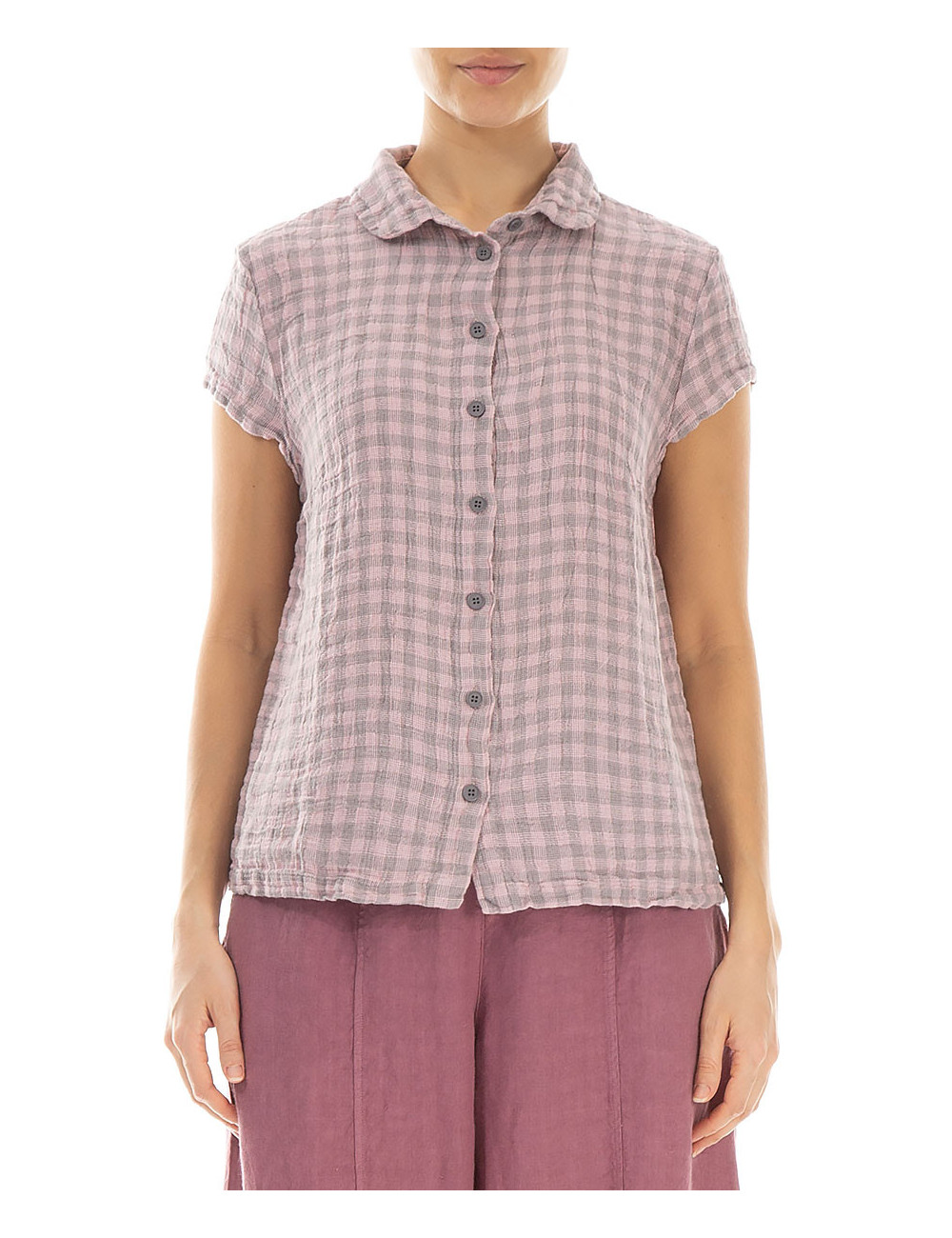 Skjorte bluse med korte ærmer i hør - rosa tern