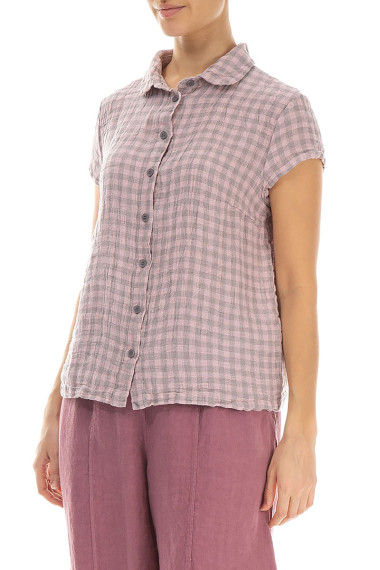 Skjorte bluse med korte ærmer i hør - rosa tern