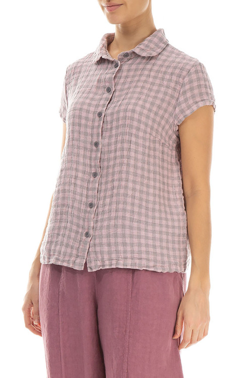 Skjorte bluse med korte ærmer i hør - rosa tern