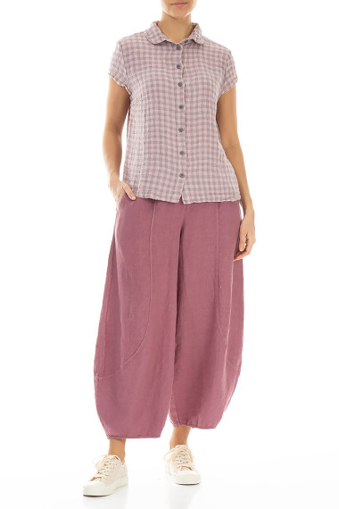 Skjorte bluse med korte ærmer i hør - rosa tern