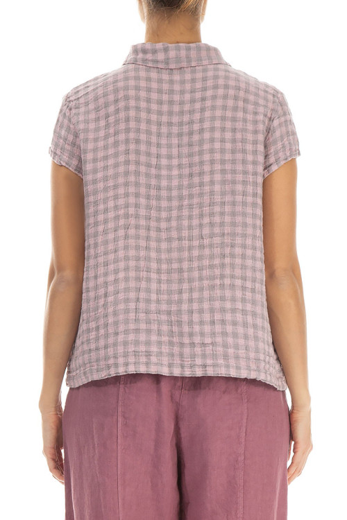 Skjorte bluse med korte ærmer i hør - rosa tern