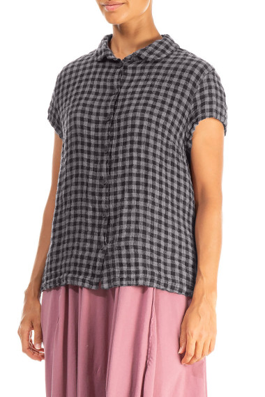 Skjorte bluse med korte ærmer i hør - sort tern