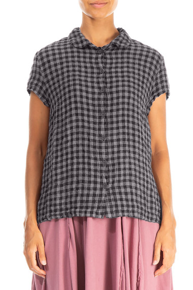 Skjorte bluse med korte ærmer i hør - sort tern