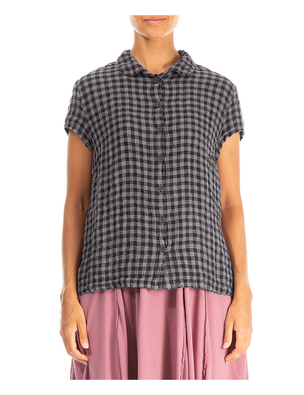 Skjorte bluse med korte ærmer i hør - sort tern