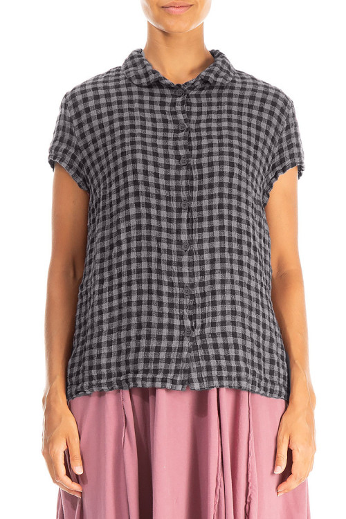 Skjorte bluse med korte ærmer i hør - sort tern