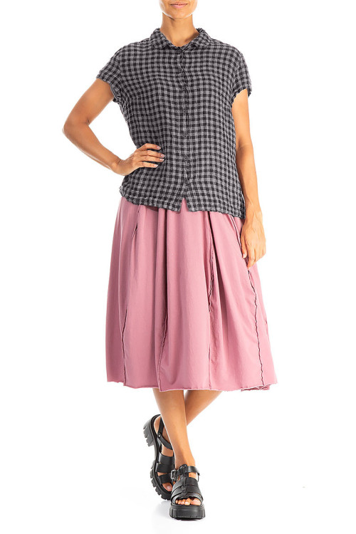 Skjorte bluse med korte ærmer i hør - sort tern