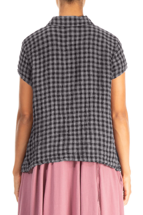 Skjorte bluse med korte ærmer i hør - sort tern