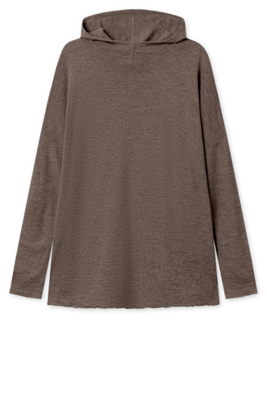 Rummelig merino uld bluse med hætte fra By Basics i jord brun melange