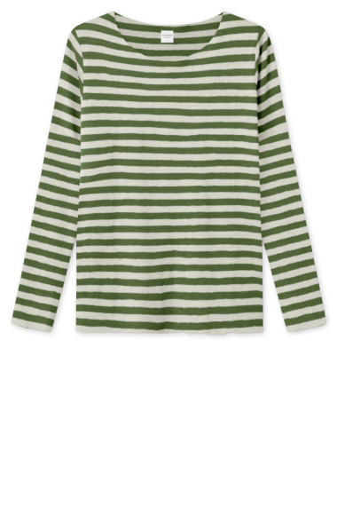 løs bluse i merino uld fra By Basics i grønne og hvide striber