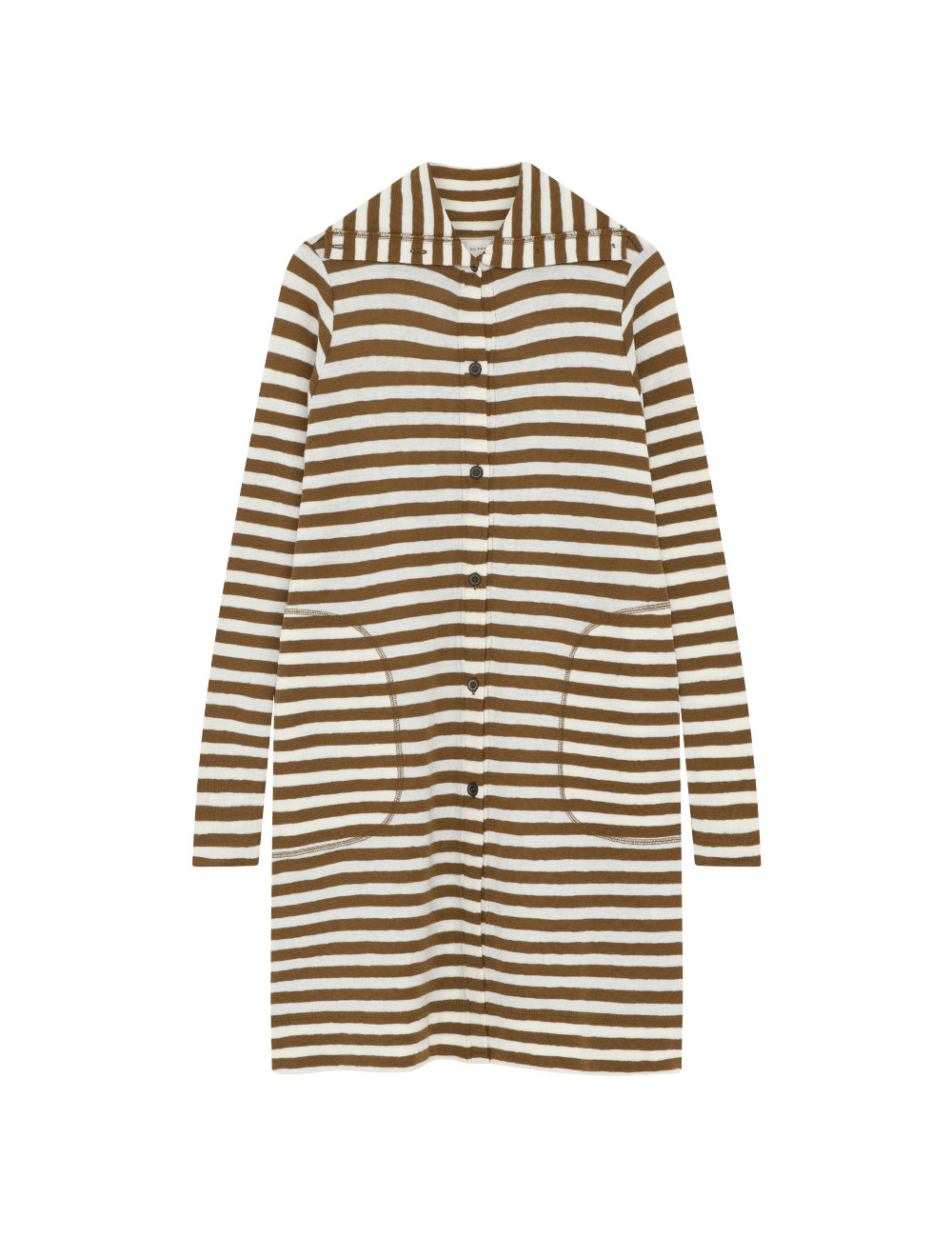 Lang cardigan med høj krave i merino uld 8019 i striber