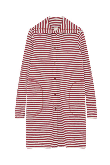 Lang cardigan med høj krave i merino uld 8019 i striber