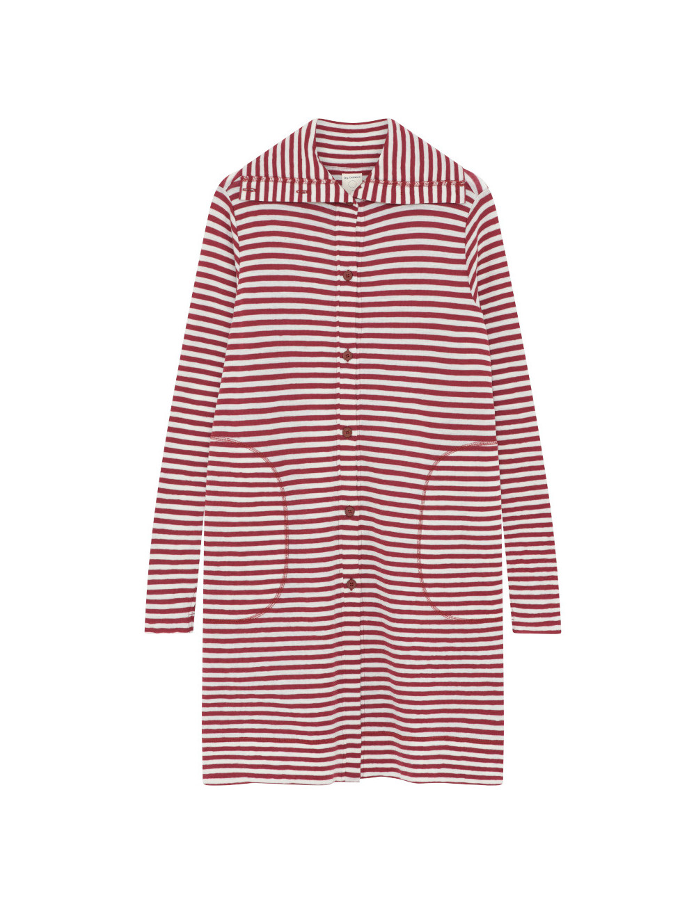 Lang cardigan med høj krave i merino uld 8019 i striber