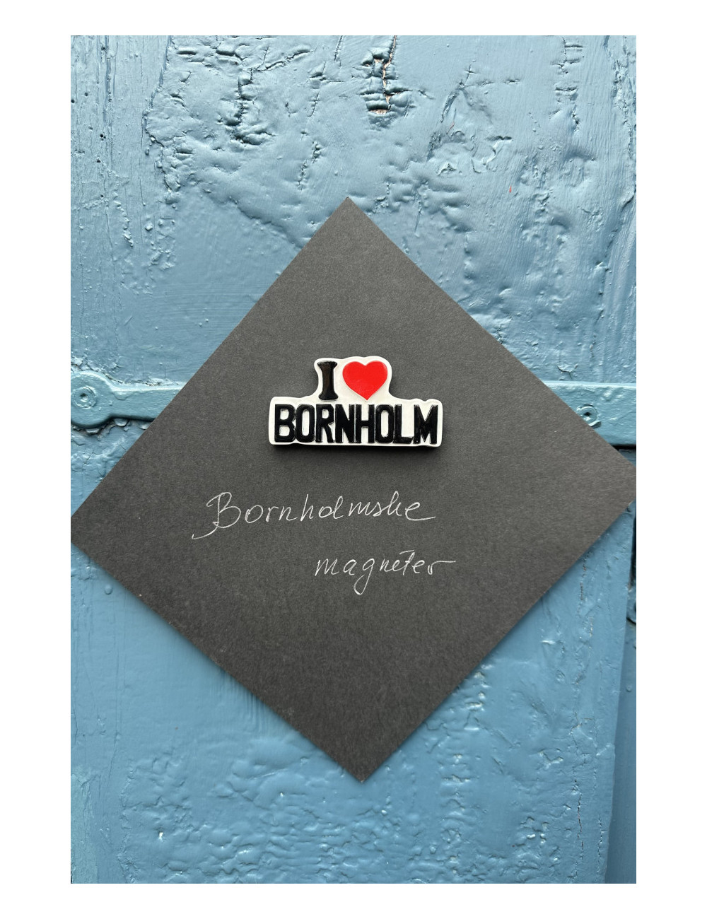 Bornholmsk magnet - "I love Bornholm" i hvid